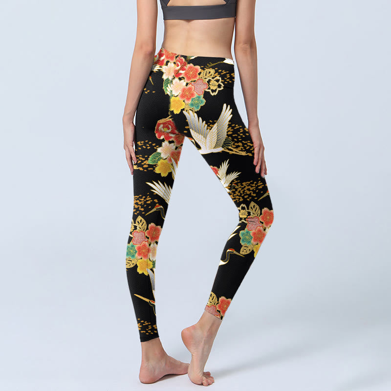 Buddha Stonesとタンチョウヅルのカラフルな花柄プリントのジムレギンス レディース ヨガパンツ - image 4