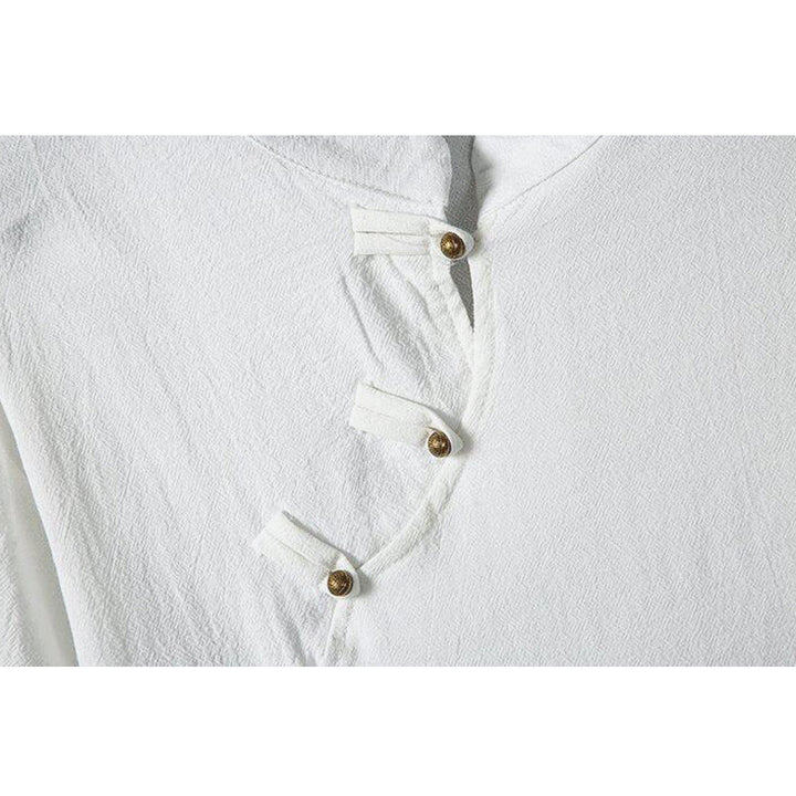 Buddha Stones夏 中国風 カエルボタン プリント メンズ 無地 パッチワーク 半袖 コットンリネン シャツ - image 3