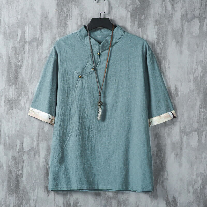 Buddha Stones夏 中国風 カエルボタン プリント メンズ 無地 パッチワーク 半袖 コットンリネン シャツ - ライトシーグリーン - US/UK/AU46、 EU56 (5XL) - image 0