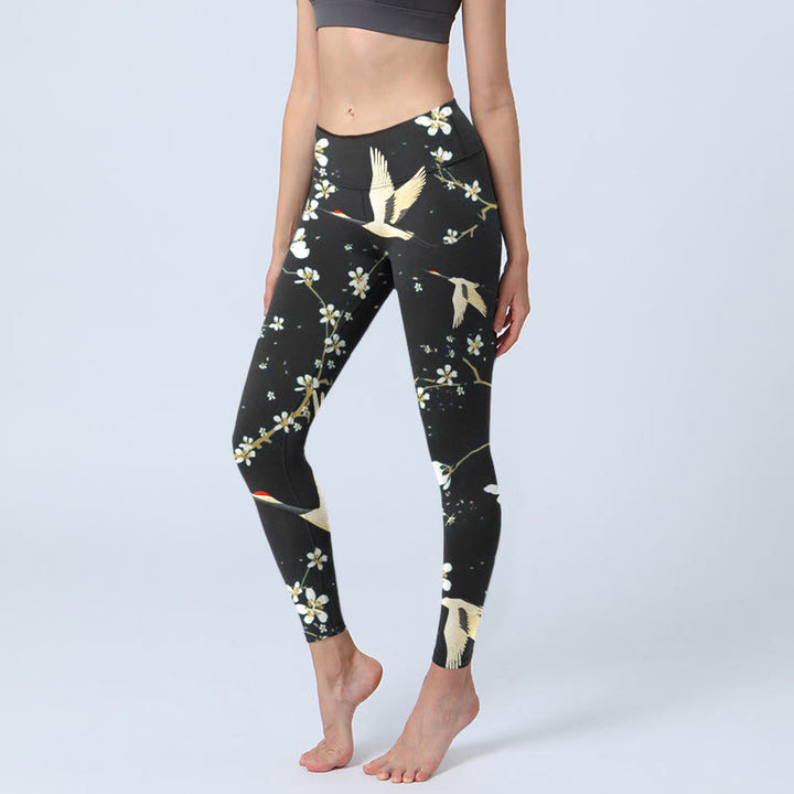 Buddha Stones、丹頂鶴、梅の花柄プリントジムレギンス、レディースヨガパンツ - 黒 - US18、 UK/AU22、 EU50 (4XL) - image 1
