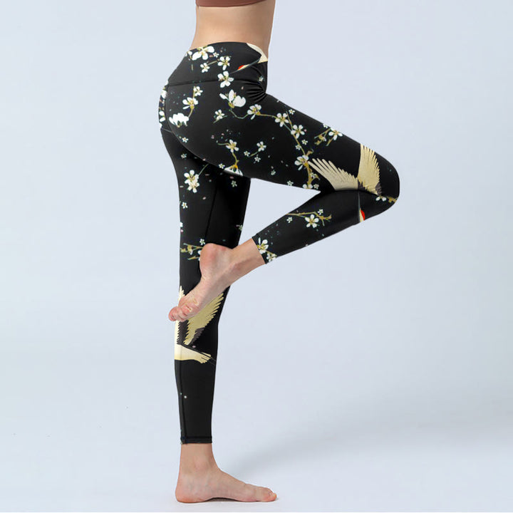 Buddha Stones、丹頂鶴、梅の花柄プリントジムレギンス、レディースヨガパンツ - image 4