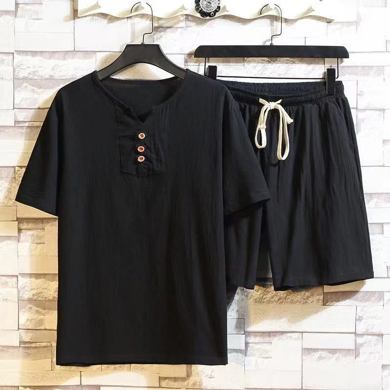 Buddha Stonesサマースポーツ 2点セット 無地 ノッチカラー Tシャツ ドローストリング ショートパンツ ポケット付き メンズ コットンリネン 瞑想用クロスセット