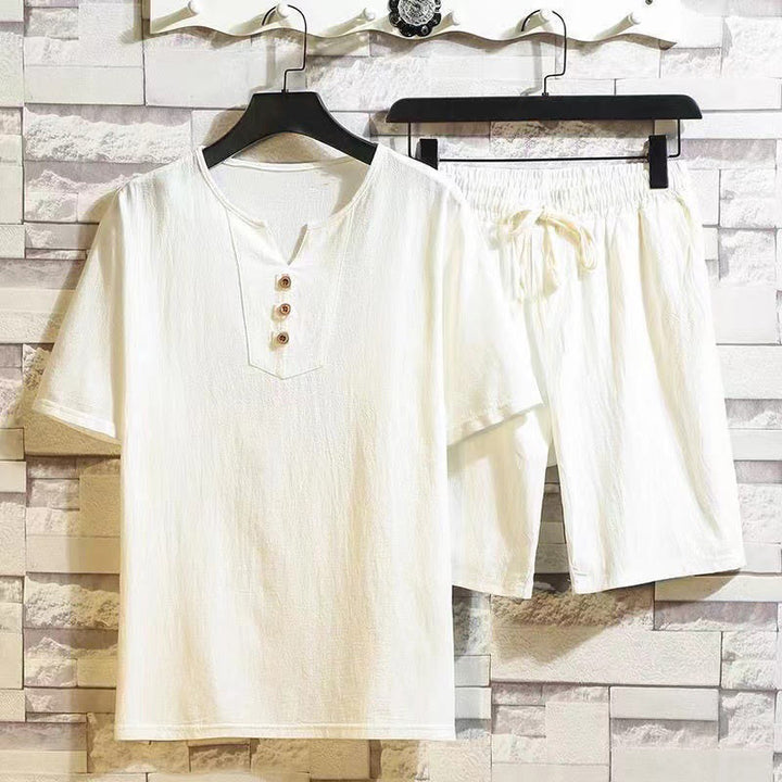 Buddha Stones 2点セット 半袖Tシャツ ドローストリング ショートパンツ ポケット付き メンズ コットンリネン 瞑想用クロスセット - フローラルホワイト - US/UK/AU46、 EU56 (5XL) - image 2