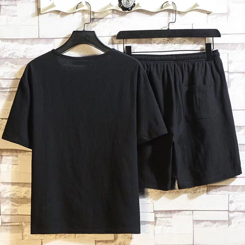 Buddha Stonesサマースポーツ 2点セット 無地 ノッチカラー Tシャツ ドローストリング ショートパンツ ポケット付き メンズ コットンリネン 瞑想用クロスセット