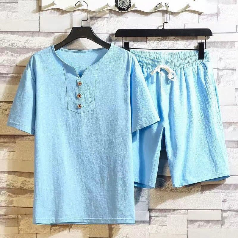 Buddha Stones 2点セット 半袖Tシャツ ドローストリング ショートパンツ ポケット付き メンズ コットンリネン 瞑想用クロスセット - ライトスカイブルー - US/UK/AU46、 EU56 (5XL) - image 13