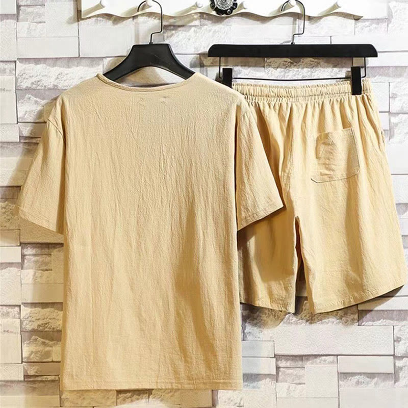 Buddha Stones 2点セット 半袖Tシャツ ドローストリング ショートパンツ ポケット付き メンズ コットンリネン 瞑想用クロスセット - image 12