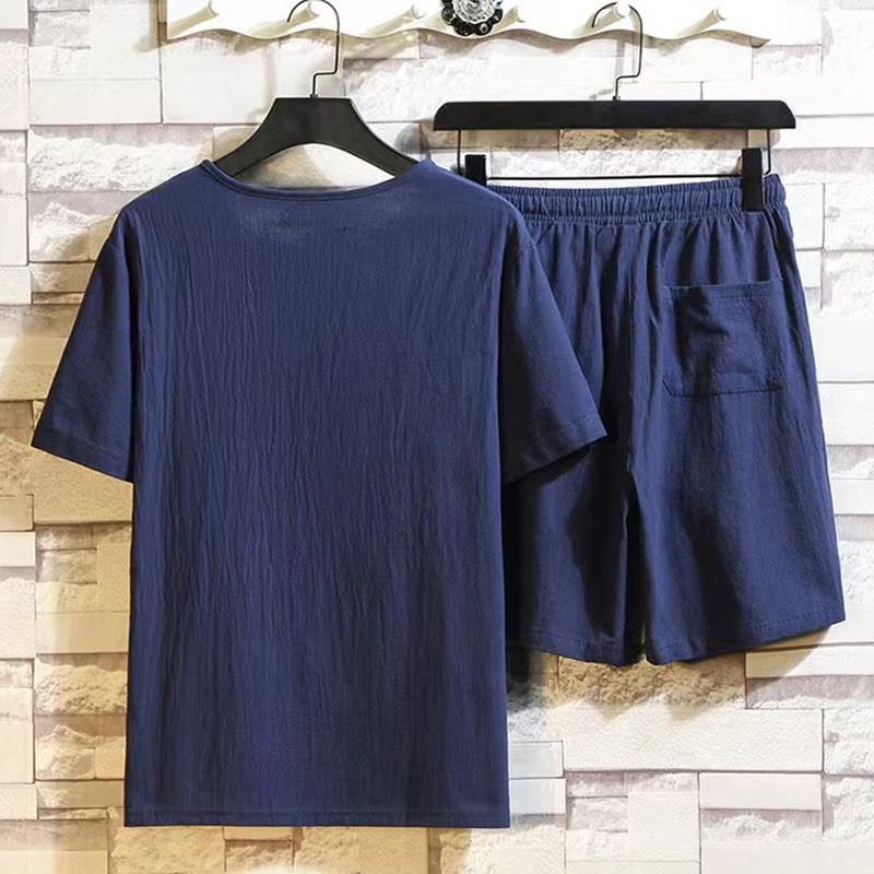 Buddha Stonesサマースポーツ 2点セット 無地 ノッチカラー Tシャツ ドローストリング ショートパンツ ポケット付き メンズ コットンリネン 瞑想用クロスセット