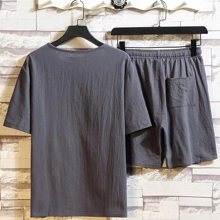 Buddha Stonesサマースポーツ 2点セット 無地 ノッチカラー Tシャツ ドローストリング ショートパンツ ポケット付き メンズ コットンリネン 瞑想用クロスセット