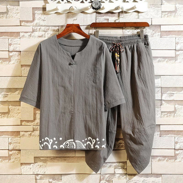 Buddha Stones 2点セット 刺繍デザイン ノッチカラー Tシャツ ドローストリング 7-8丈 ハーレムパンツ ポケット付き メンズ コットン 瞑想用クロスセット