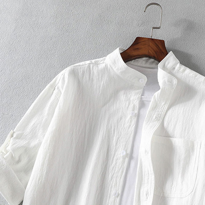 Buddha Stonesヴィンテージ カジュアル 無地 シングルブレスト 七分袖 メンズ コットンリネン シャツ ポケット付き - image 3