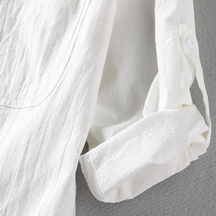 Buddha Stonesヴィンテージ カジュアル 無地 シングルブレスト 七分袖 メンズ コットンリネン シャツ ポケット付き - image 6