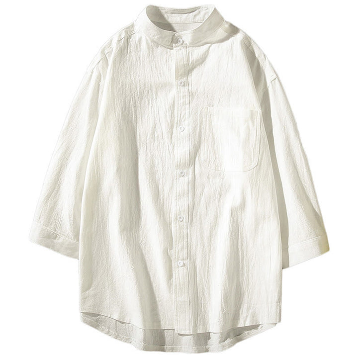 Buddha Stonesヴィンテージ カジュアル 無地 シングルブレスト 七分袖 メンズ コットンリネン シャツ ポケット付き - image 14