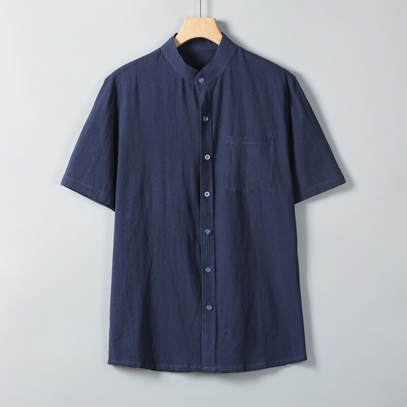 Buddha Stonesデイリープリント 無地 シングルブレスト メンズ 半袖 コットンリネン シャツ ポケット付き - 海軍 - US/UK/AU46、 EU56 (5XL) - image 15