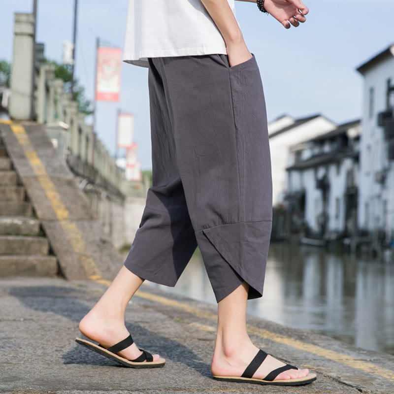 Buddha Stones夏 カジュアル シンプル 無地 テーパードデザイン ドローストリング メンズ 7-8丈 コットンリネンパンツ ポケット付き - image 11