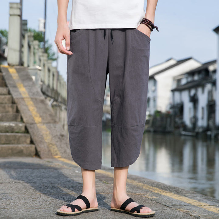 Buddha Stones夏 カジュアル シンプル 無地 テーパードデザイン ドローストリング メンズ 7-8丈 コットンリネンパンツ ポケット付き - image 12