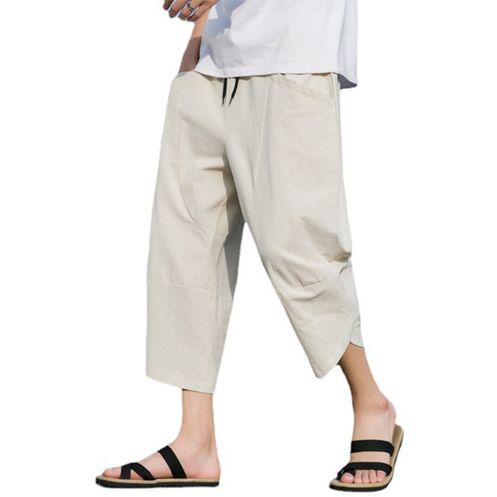 Buddha Stones夏 カジュアル シンプル 無地 テーパードデザイン ドローストリング メンズ 7-8丈 コットンリネンパンツ ポケット付き - image 20
