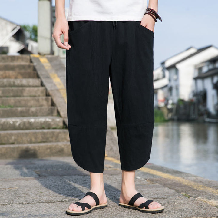 Buddha Stones夏 カジュアル シンプル 無地 テーパードデザイン ドローストリング メンズ 7-8丈 コットンリネンパンツ ポケット付き - image 6