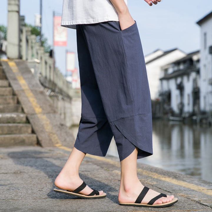 Buddha Stones夏 カジュアル シンプル 無地 テーパードデザイン ドローストリング メンズ 7-8丈 コットンリネンパンツ ポケット付き - image 14