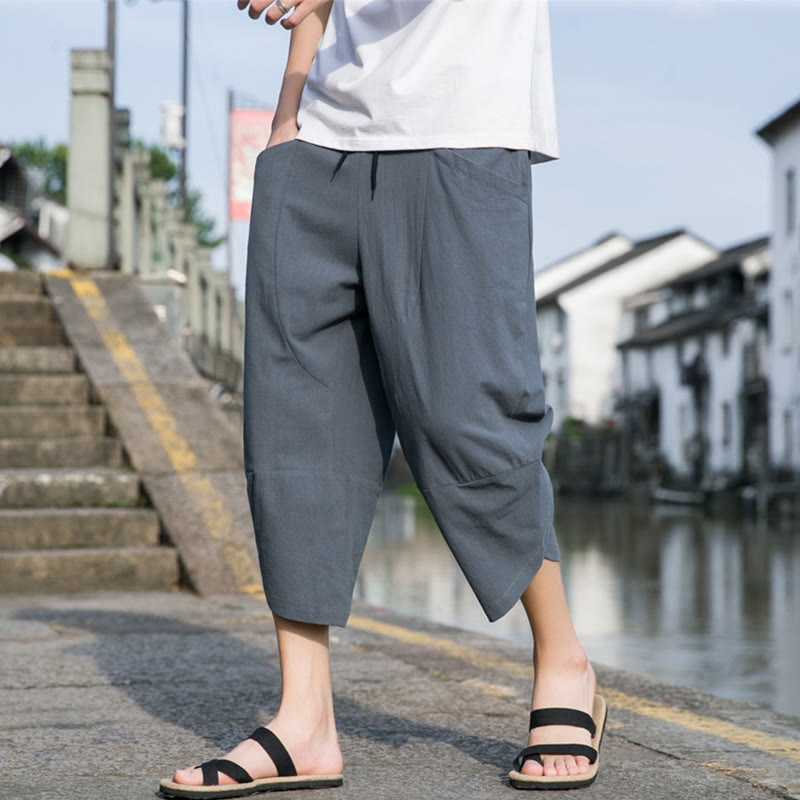 Buddha Stones夏 カジュアル シンプル 無地 テーパードデザイン ドローストリング メンズ 7-8丈 コットンリネンパンツ ポケット付き - スティールブルー - US/UK/AU46、 EU56 (5XL) - image 0