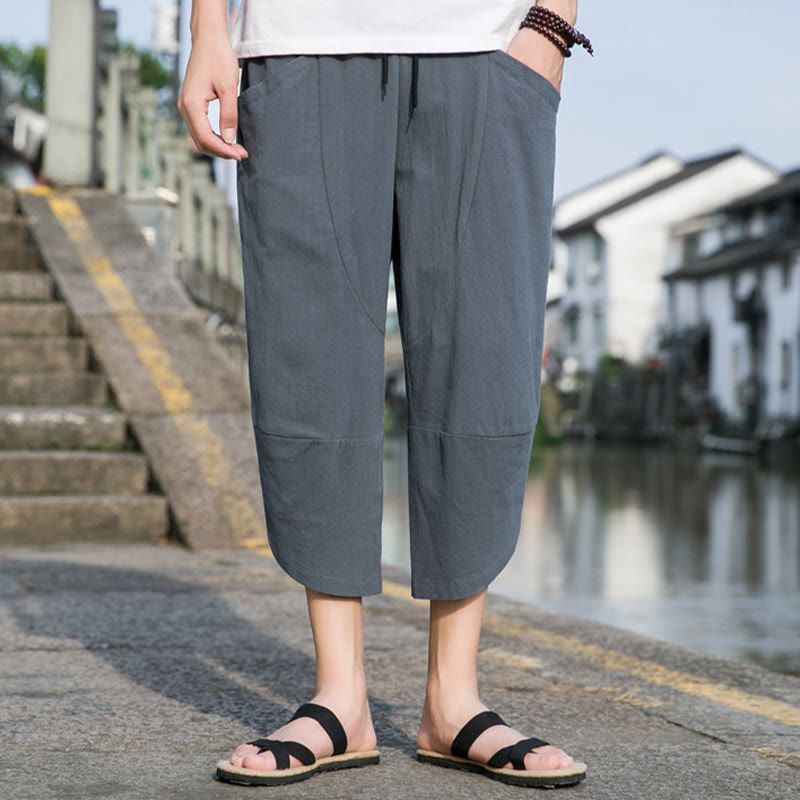 Buddha Stones夏 カジュアル シンプル 無地 テーパードデザイン ドローストリング メンズ 7-8丈 コットンリネンパンツ ポケット付き - image 1