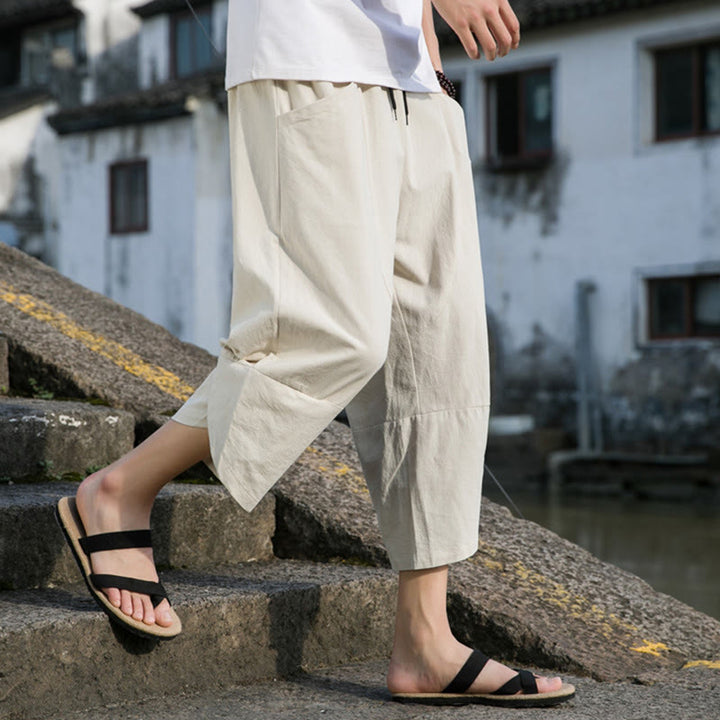 Buddha Stones夏 カジュアル シンプル 無地 テーパードデザイン ドローストリング メンズ 7-8丈 コットンリネンパンツ ポケット付き - image 19