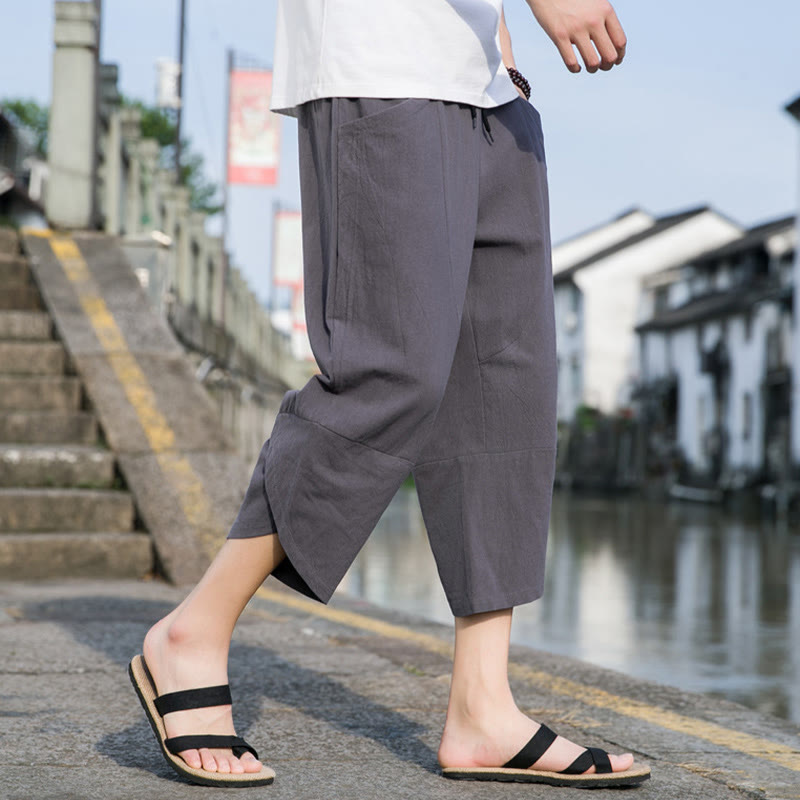 Buddha Stones夏 カジュアル シンプル 無地 テーパードデザイン ドローストリング メンズ 7-8丈 コットンリネンパンツ ポケット付き - 薄暗い灰色 - US/UK/AU46、 EU56 (5XL) - image 9