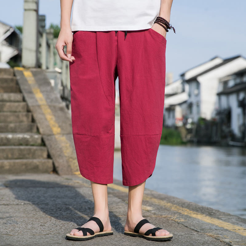 Buddha Stones夏 カジュアル シンプル 無地 テーパードデザイン ドローストリング メンズ 7-8丈 コットンリネンパンツ ポケット付き - image 22