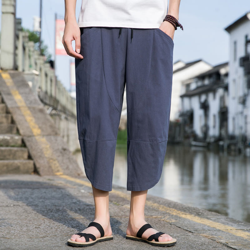 Buddha Stones夏 カジュアル シンプル 無地 テーパードデザイン ドローストリング メンズ 7-8丈 コットンリネンパンツ ポケット付き - image 15