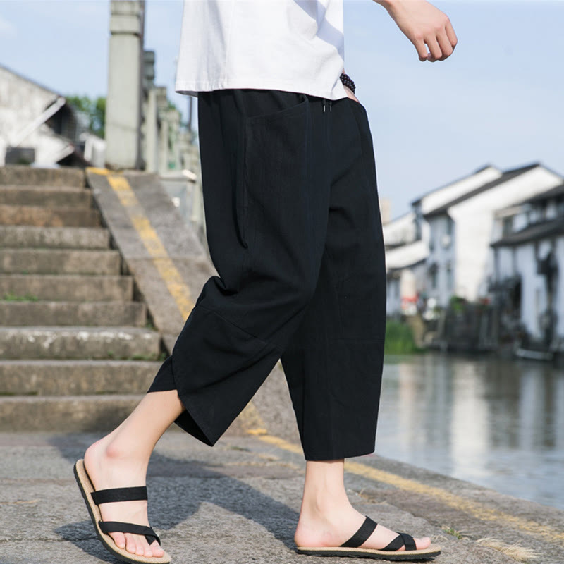 Buddha Stones夏 カジュアル シンプル 無地 テーパードデザイン ドローストリング メンズ 7-8丈 コットンリネンパンツ ポケット付き - 黒 - US/UK/AU46、 EU56 (5XL) - image 4
