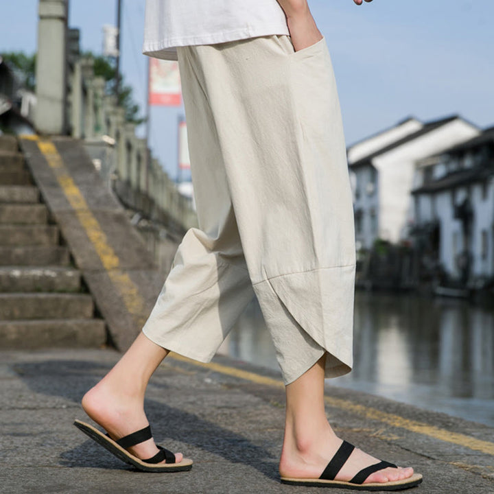 Buddha Stones夏 カジュアル シンプル 無地 テーパードデザイン ドローストリング メンズ 7-8丈 コットンリネンパンツ ポケット付き - image 18