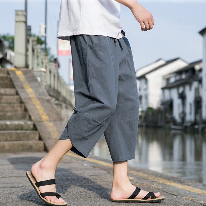 Buddha Stones夏 カジュアル シンプル 無地 テーパードデザイン ドローストリング メンズ 7-8丈 コットンリネンパンツ ポケット付き - image 3