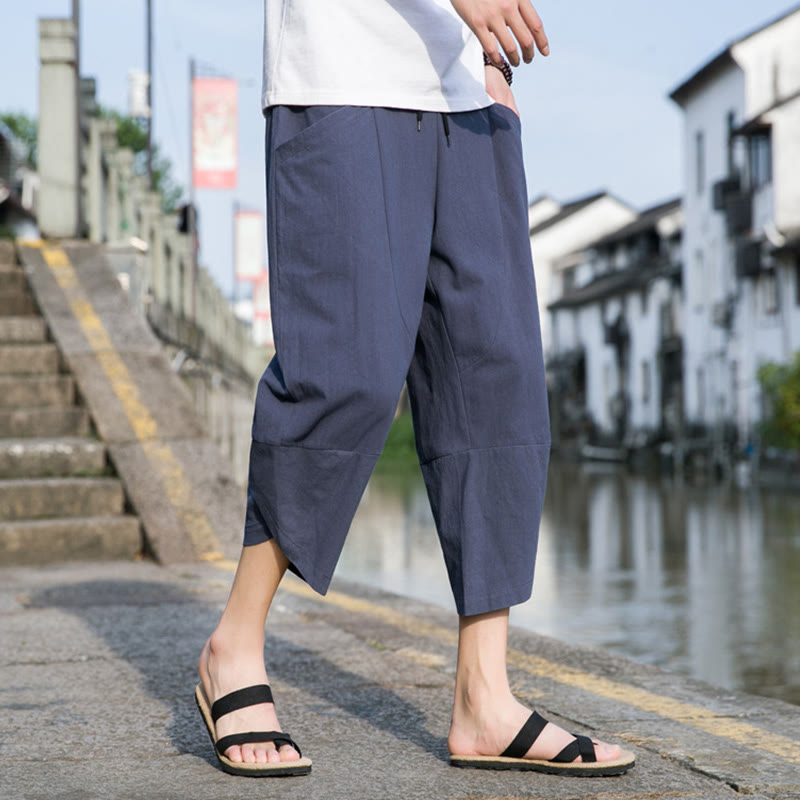 Buddha Stones夏 カジュアル シンプル 無地 テーパードデザイン ドローストリング メンズ 7-8丈 コットンリネンパンツ ポケット付き - ライトスレートグレー - US/UK/AU46、 EU56 (5XL) - image 13