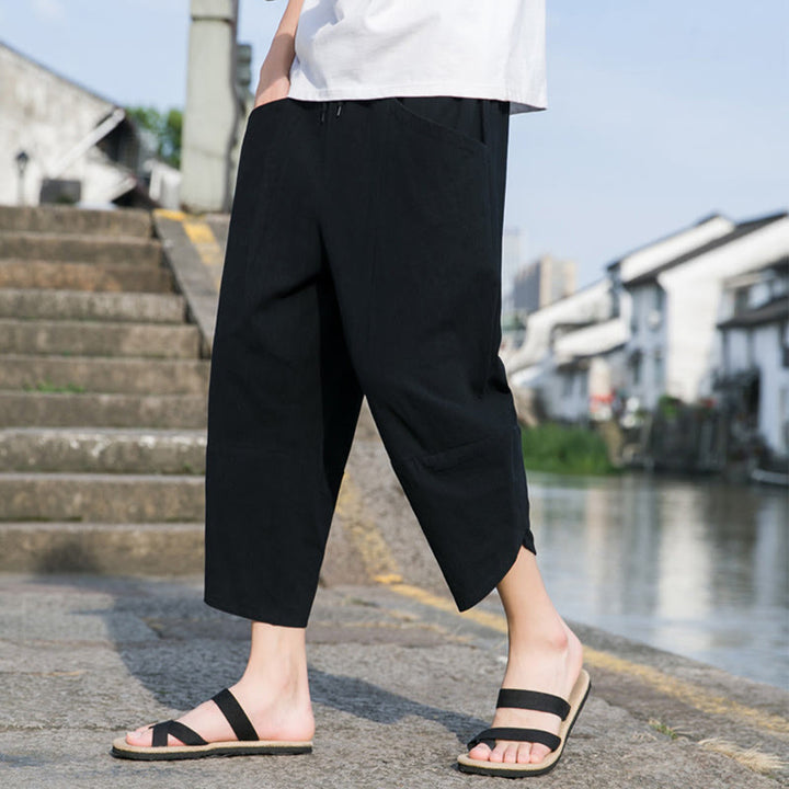 Buddha Stones夏 カジュアル シンプル 無地 テーパードデザイン ドローストリング メンズ 7-8丈 コットンリネンパンツ ポケット付き - image 5