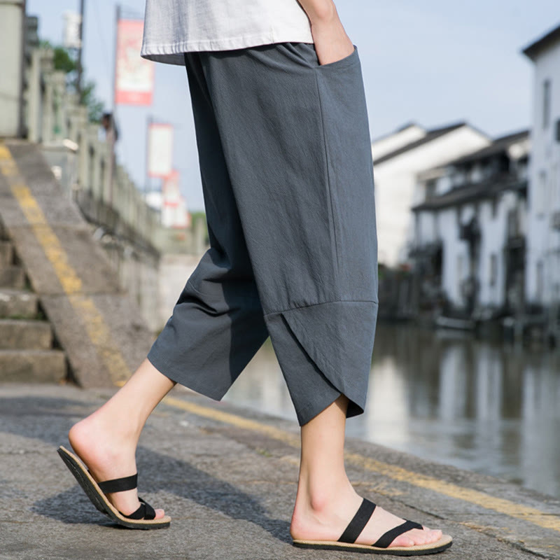 Buddha Stones夏 カジュアル シンプル 無地 テーパードデザイン ドローストリング メンズ 7-8丈 コットンリネンパンツ ポケット付き - image 2