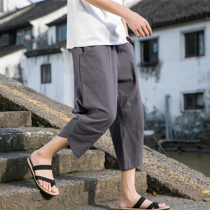 Buddha Stones夏 カジュアル シンプル 無地 テーパードデザイン ドローストリング メンズ 7-8丈 コットンリネンパンツ ポケット付き - image 10