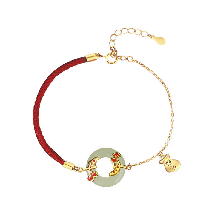 Buddha Stones 999スターリングシルバー 和田産ホワイトジェイド ダブル鯉 ピース平和のお守りチャームラッキー開運財運ブレスレット