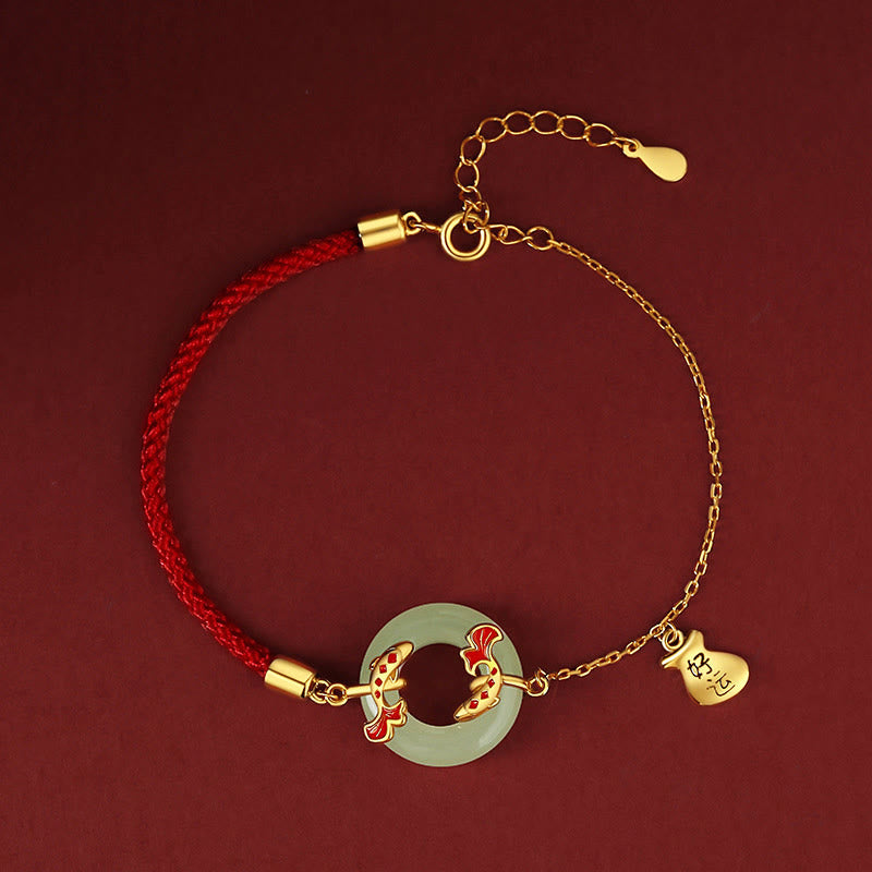 Buddha Stones 999スターリングシルバー 和田産ホワイトジェイド ダブル鯉 ピース平和のお守りチャームラッキー開運財運ブレスレット - image 1