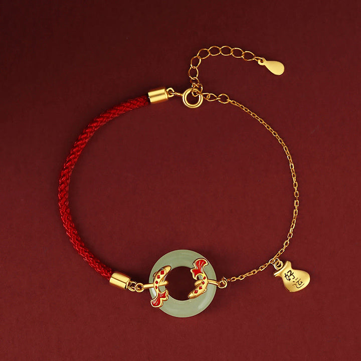 Buddha Stones 999スターリングシルバー 和田産ホワイトジェイド ダブル鯉 ピース平和のお守りチャームラッキー開運財運ブレスレット - image 1