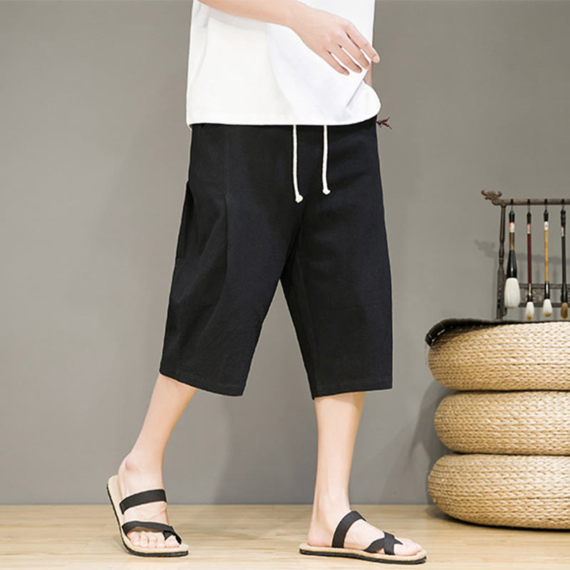 Buddha Stonesカジュアル サマー ドローストリング 無地 クロップド丈 コットンリネン メンズ ハーレムパンツ ポケット付き - image 14