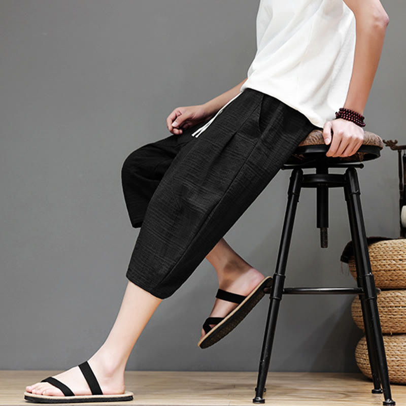 Buddha Stonesヴィンテージ ジャカード 無地 ドローストリング クロップド丈 コットンリネン メンズ ハーレムパンツ ポケット付き - image 22