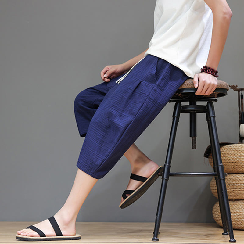 Buddha Stonesヴィンテージ ジャカード 無地 ドローストリング クロップド丈 コットンリネン メンズ ハーレムパンツ ポケット付き - image 38