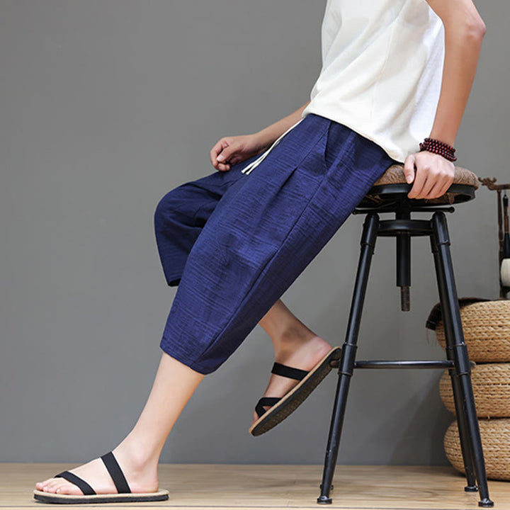 Buddha Stonesヴィンテージ ジャカード 無地 ドローストリング クロップド丈 コットンリネン メンズ ハーレムパンツ ポケット付き - image 38