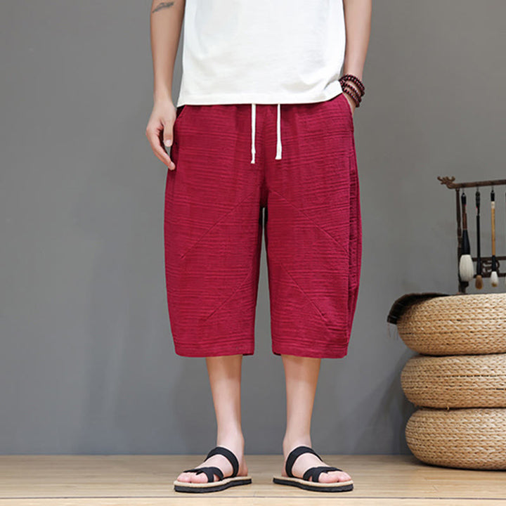 Buddha Stonesヴィンテージ ジャカード 無地 ドローストリング クロップド丈 コットンリネン メンズ ハーレムパンツ ポケット付き - image 28