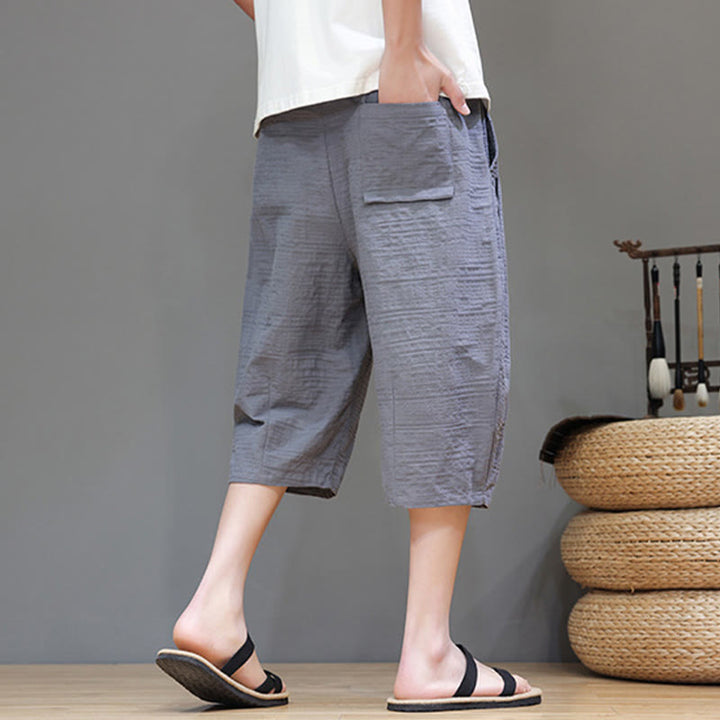 Buddha Stonesヴィンテージ ジャカード 無地 ドローストリング クロップド丈 コットンリネン メンズ ハーレムパンツ ポケット付き - image 5