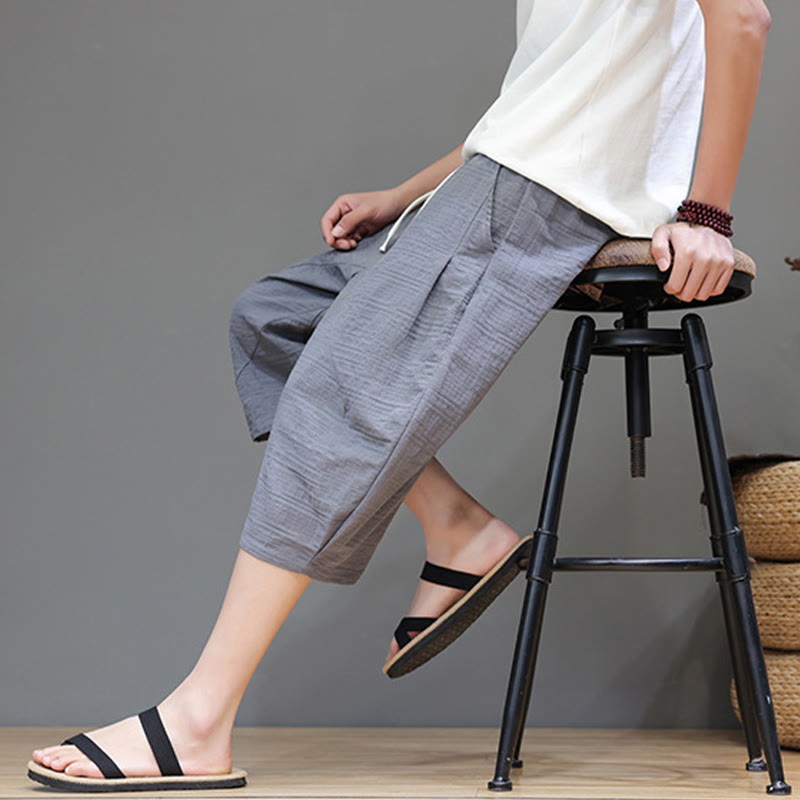 Buddha Stonesヴィンテージ ジャカード 無地 ドローストリング クロップド丈 コットンリネン メンズ ハーレムパンツ ポケット付き - image 9