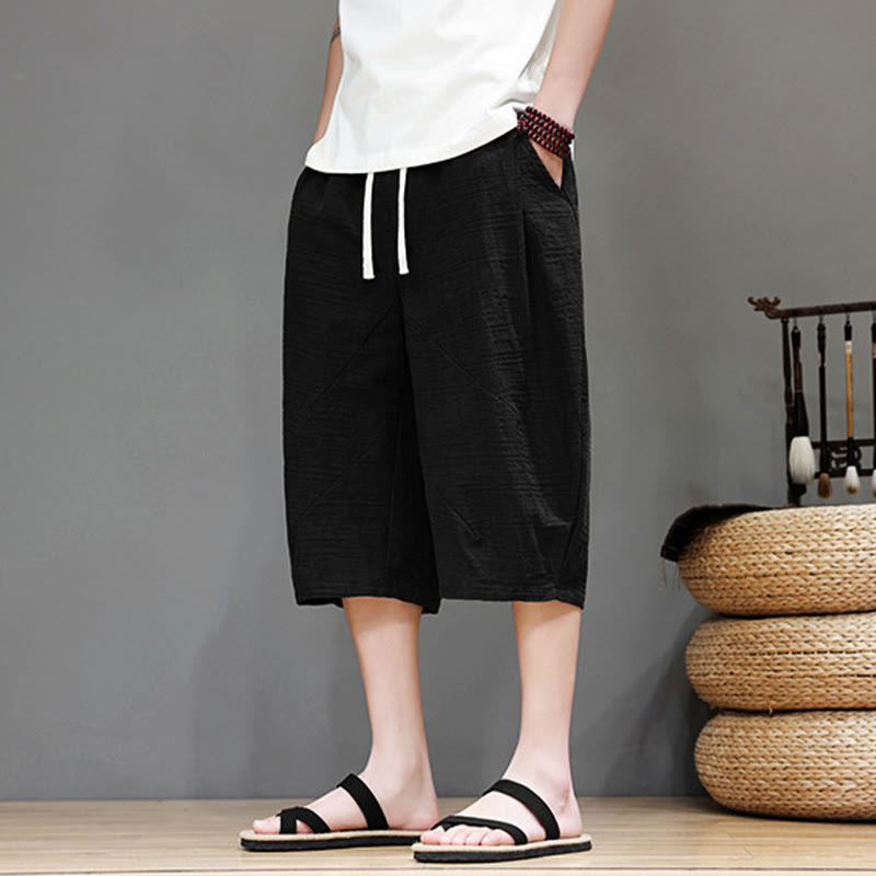 Buddha Stonesヴィンテージ ジャカード 無地 ドローストリング クロップド丈 コットンリネン メンズ ハーレムパンツ ポケット付き - image 18