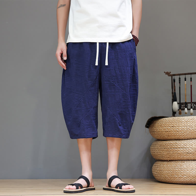 Buddha Stonesヴィンテージ ジャカード 無地 ドローストリング クロップド丈 コットンリネン メンズ ハーレムパンツ ポケット付き - ダークスレートブルー - US/UK/AU44、 EU54 (4XL) - image 31