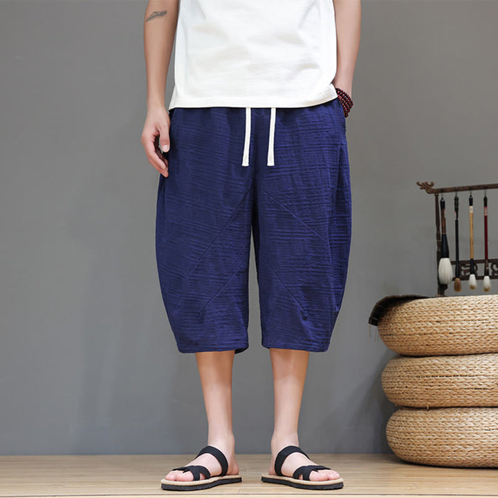 Buddha Stonesヴィンテージ ジャカード 無地 ドローストリング クロップド丈 コットンリネン メンズ ハーレムパンツ ポケット付き - ダークスレートブルー - US/UK/AU44、 EU54 (4XL) - image 31