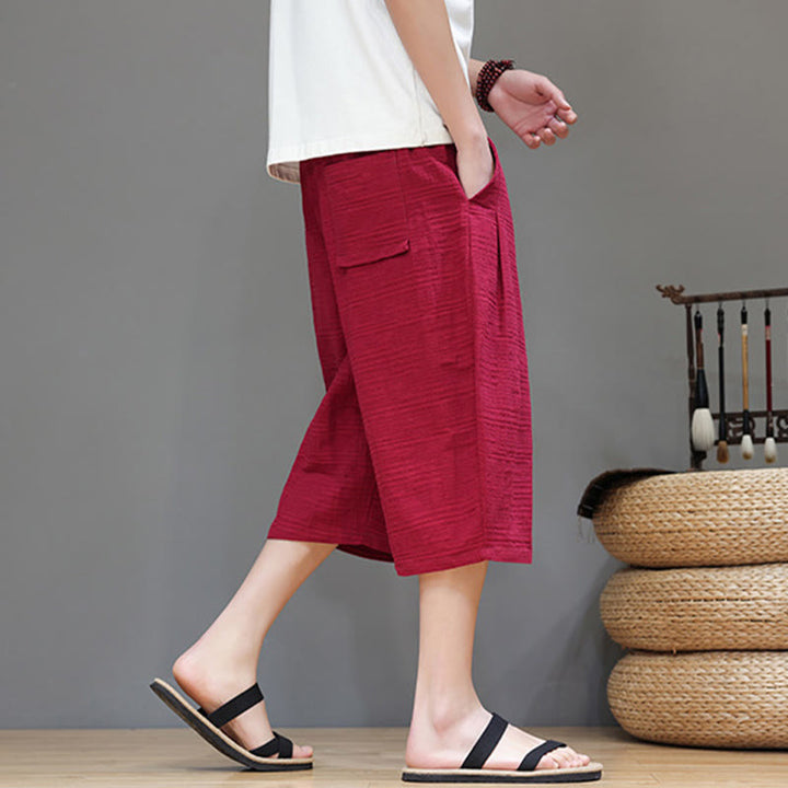 Buddha Stonesヴィンテージ ジャカード 無地 ドローストリング クロップド丈 コットンリネン メンズ ハーレムパンツ ポケット付き - image 29