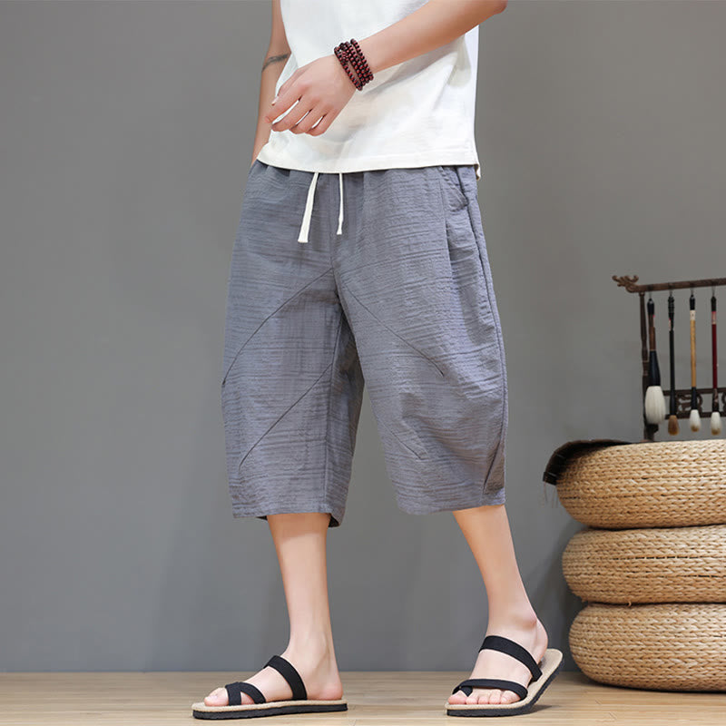 Buddha Stonesヴィンテージ ジャカード 無地 ドローストリング クロップド丈 コットンリネン メンズ ハーレムパンツ ポケット付き - ライトスレートグレー - US/UK/AU44、 EU54 (4XL) - image 0